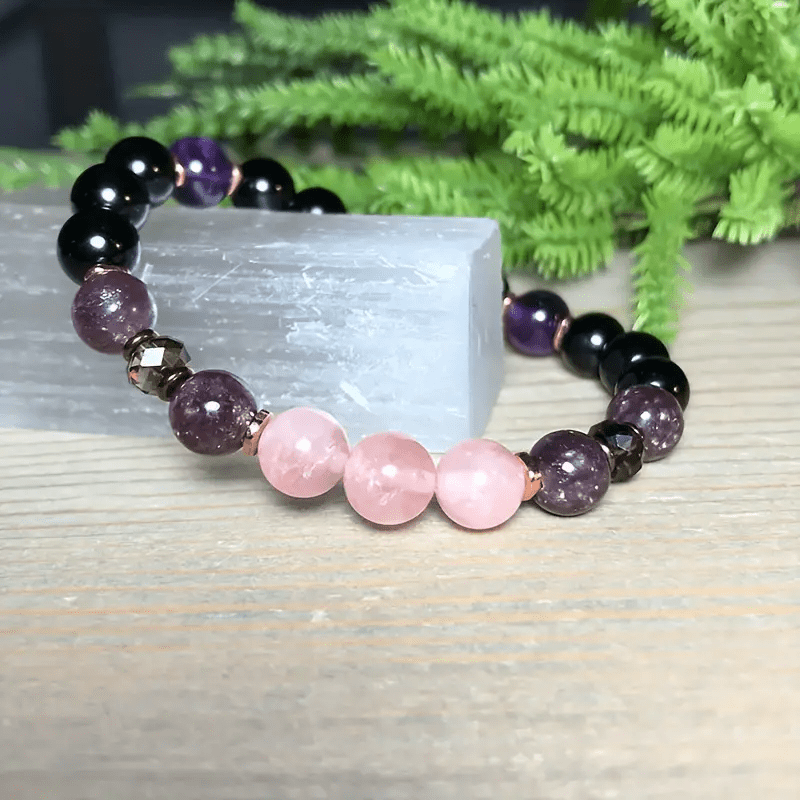 Aurora - 8mm Rose Quartz, Obsidian & Amethyst Beaded Bracelet