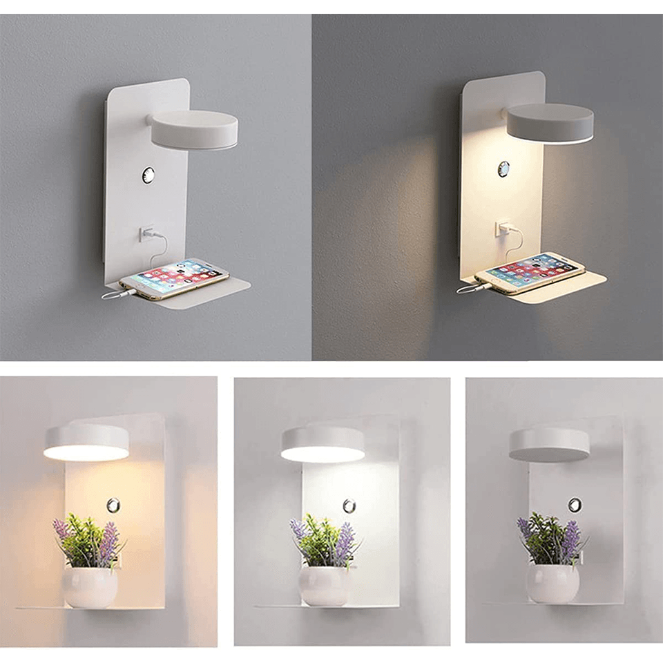 GlowUp Light Station - LED Wall Lamp with Shelf and USB Charging