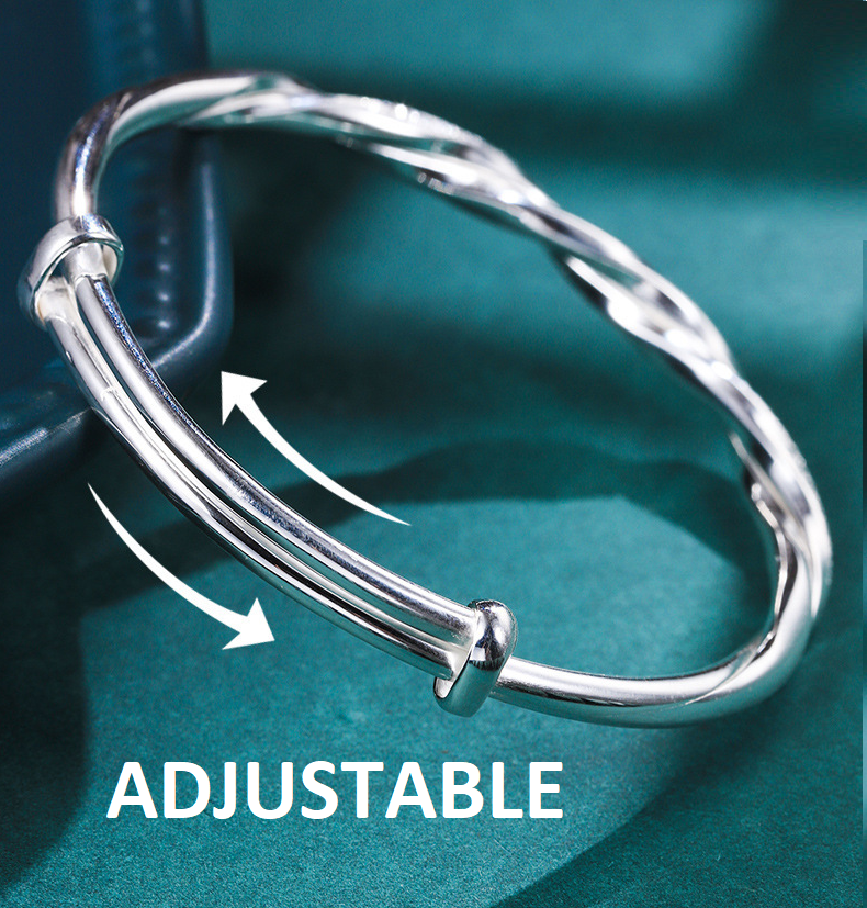 Twisted Silver Bangle - Adjustable 925 Sterling Silver Bracelet