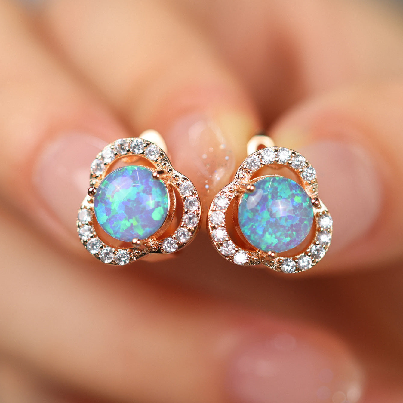 Elara - White Opal & Zirconia Clover Earrings for Women