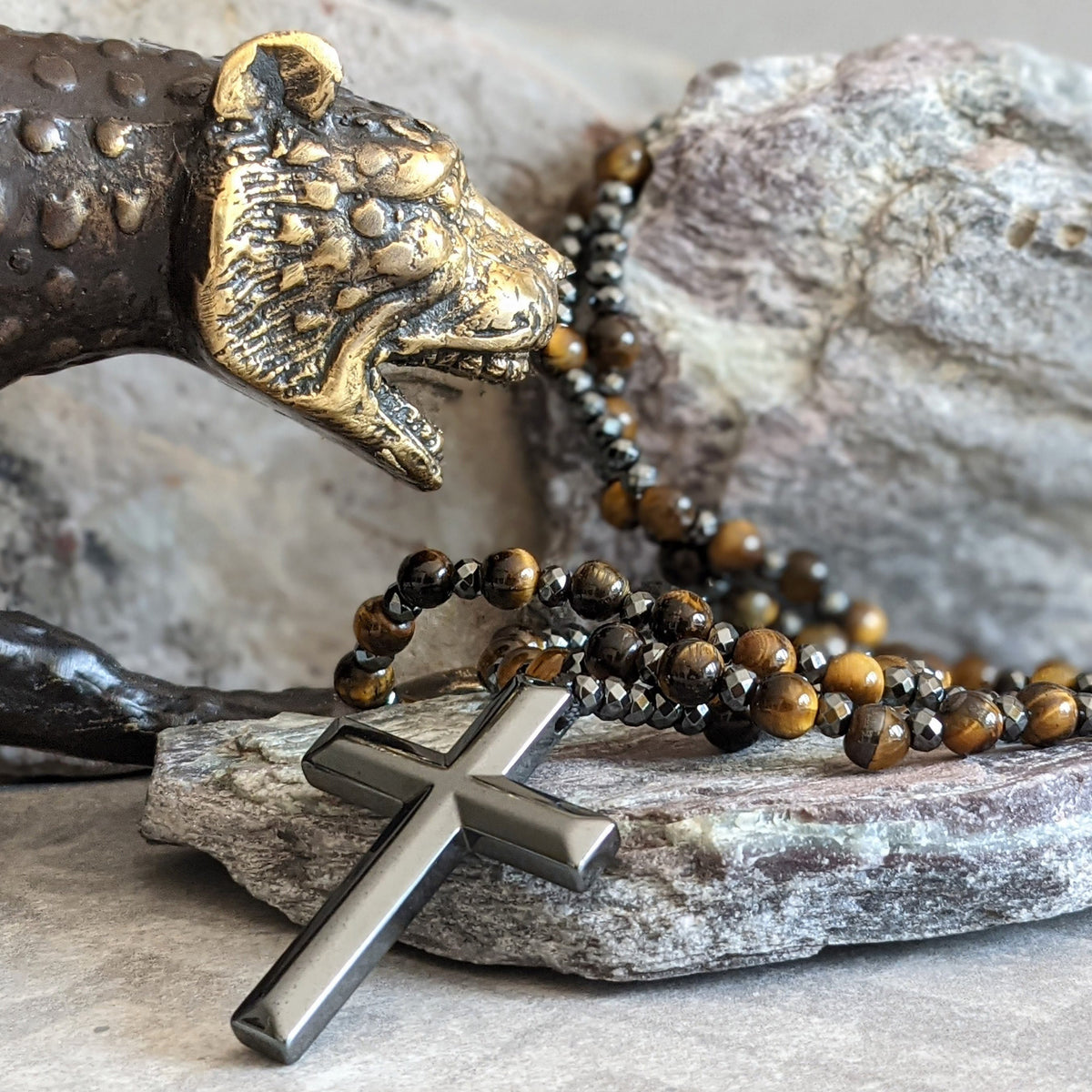 Orion Cross Rosary Necklace - Tiger Eye & Lapis Lazuli