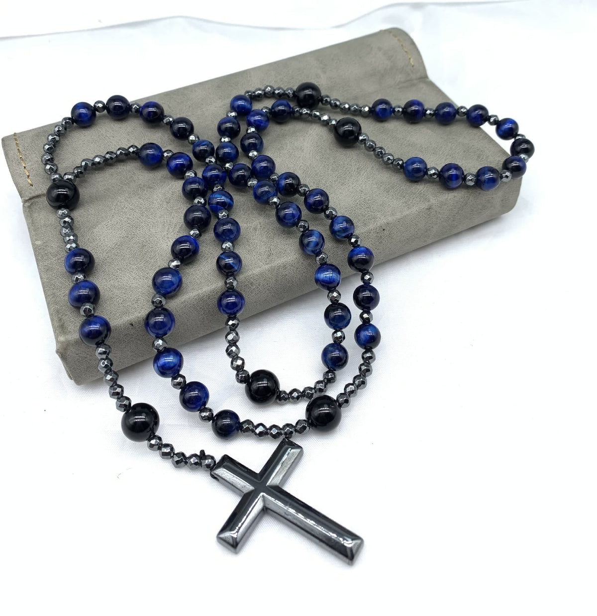 Orion Cross Rosary Necklace - Tiger Eye & Lapis Lazuli