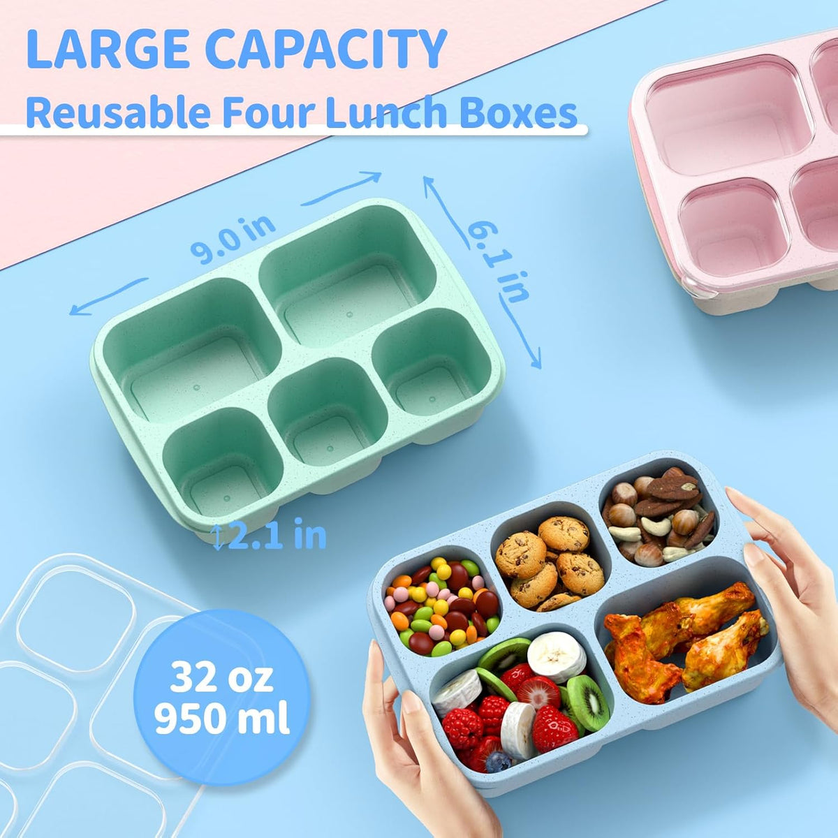 BentoBox Stylish Meal Container Set - 4-Piece Leakproof Bento Boxes with 5 Compartments