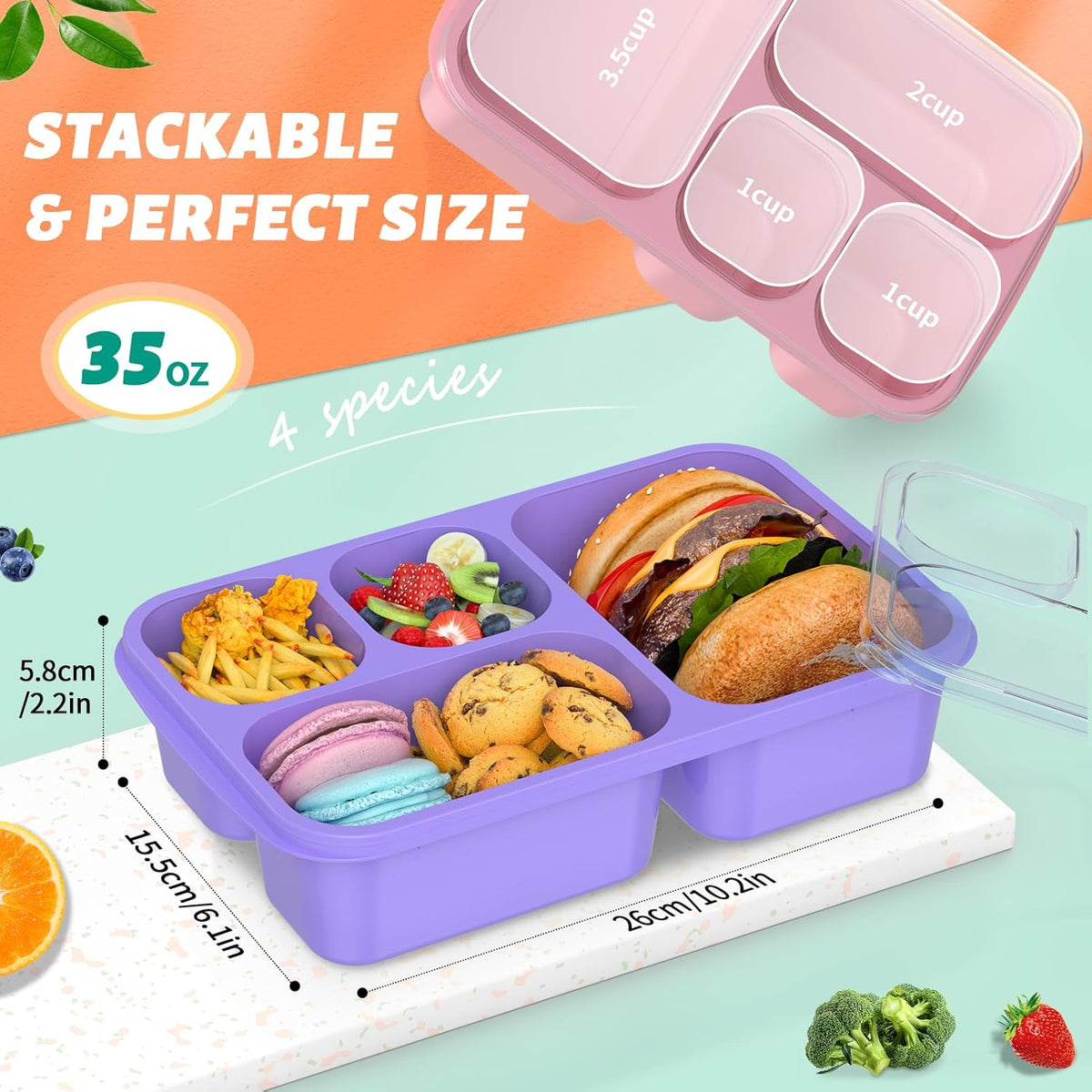 BentoBox Stylish Meal Container Set - 4-Piece Leakproof Bento Boxes with 5 Compartments