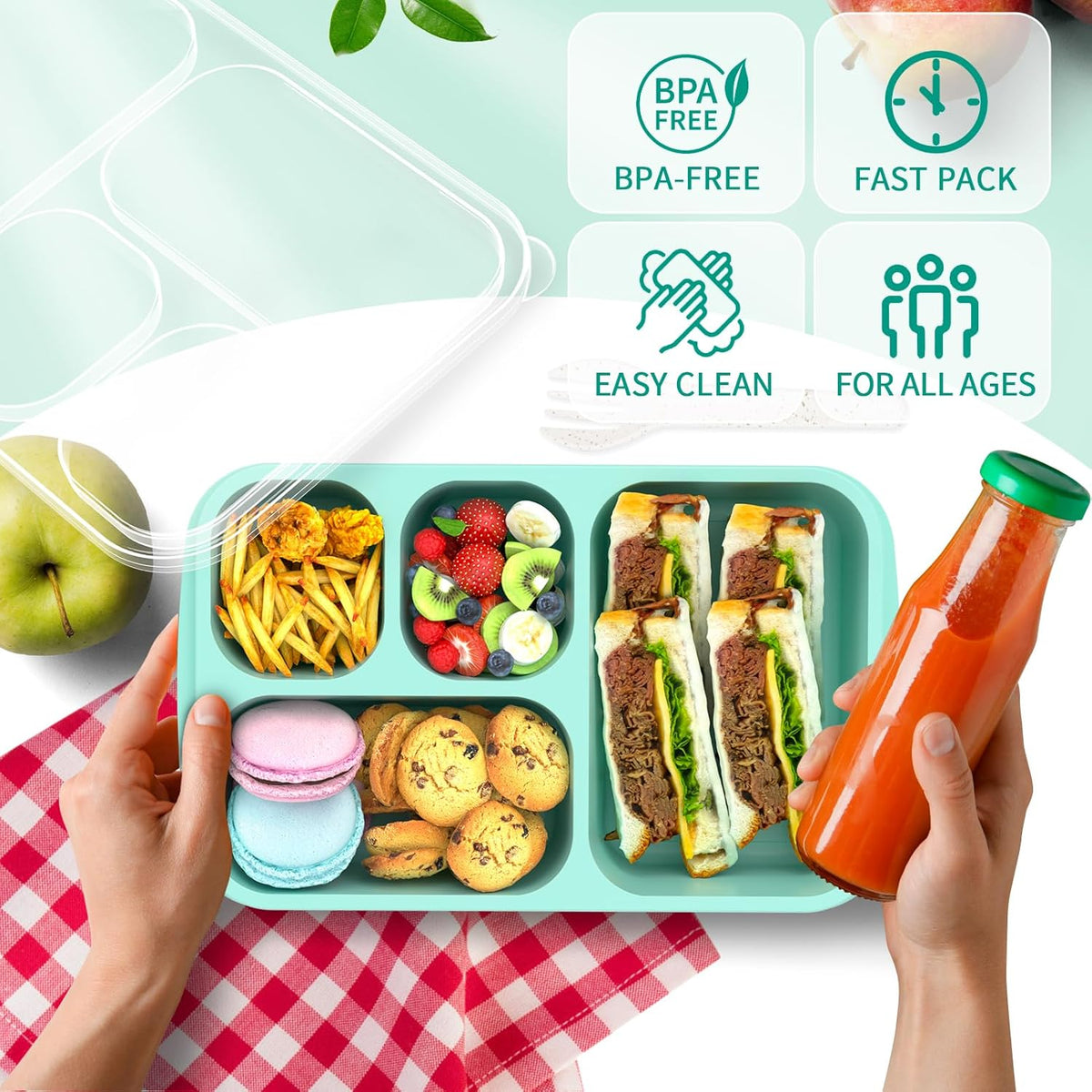 BentoBox Stylish Meal Container Set - 4-Piece Leakproof Bento Boxes with 5 Compartments
