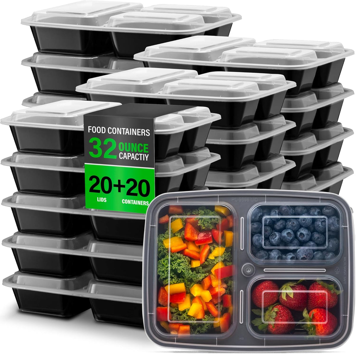 PrepMaster - 3-Compartment Bento Meal Prep Containers 900ml (20-Pack)