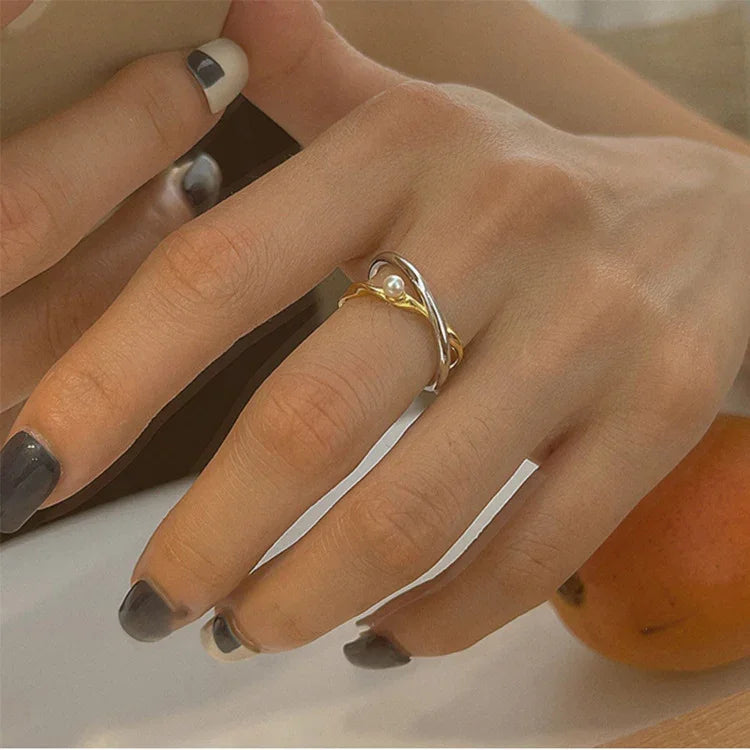Alina - Sterling Silver Crossed Ring with Pearl for Women