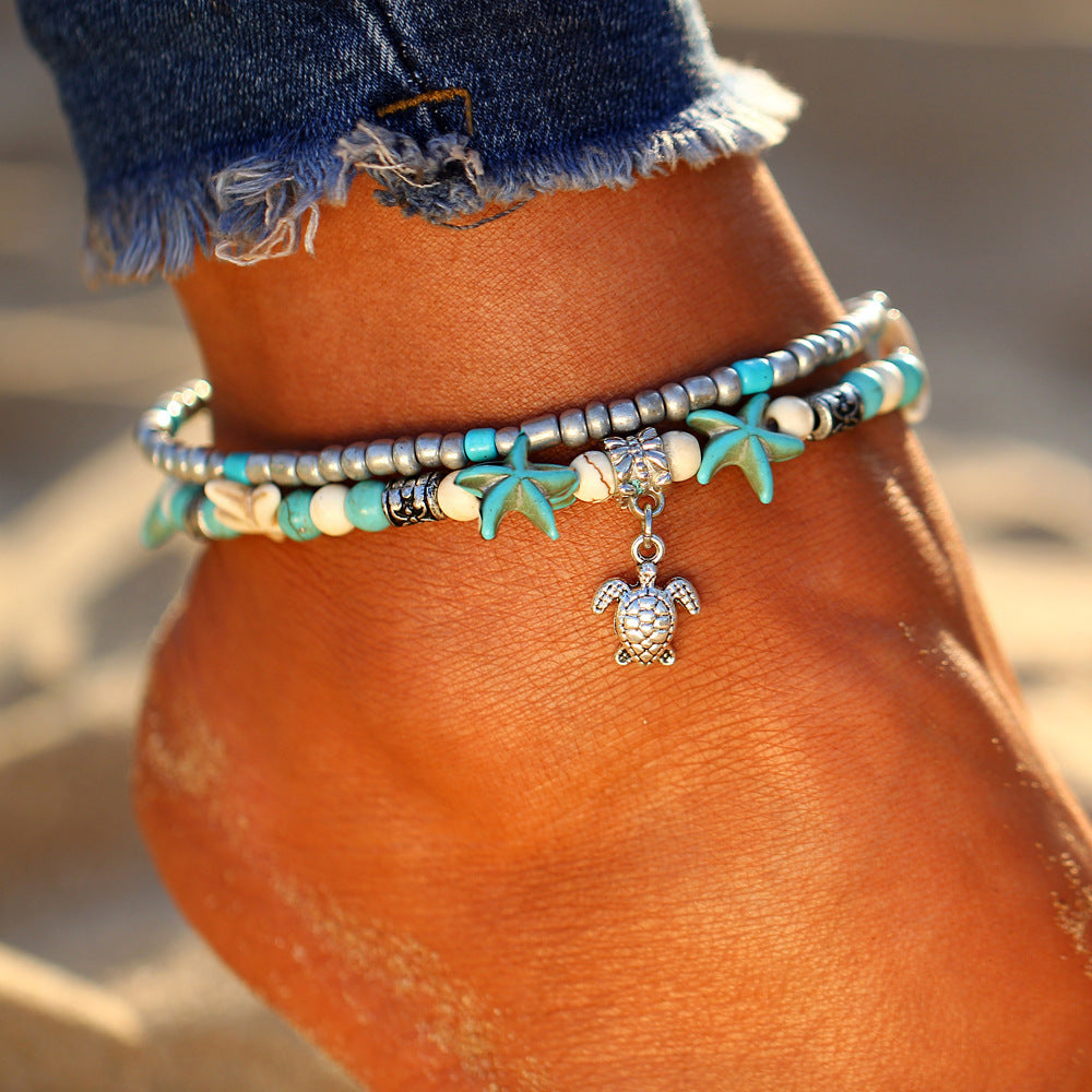 Calypso - Silver Turtle Anklet with Seashells for Women