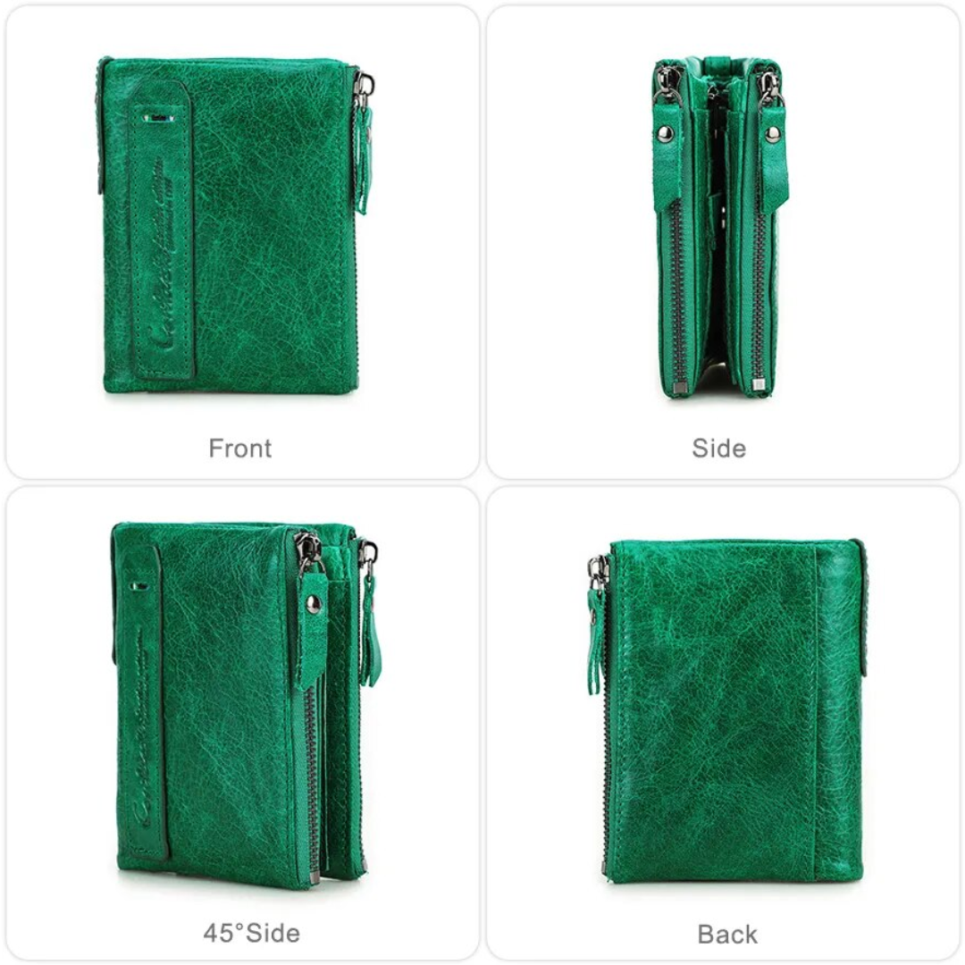 CompactWallet - Double Zip Leather Wallet with Card Slots