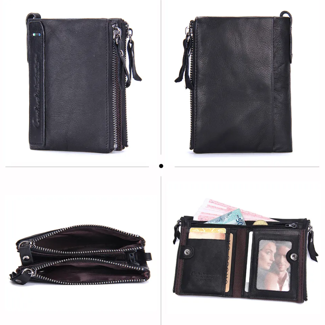 CompactWallet - Double Zip Leather Wallet with Card Slots