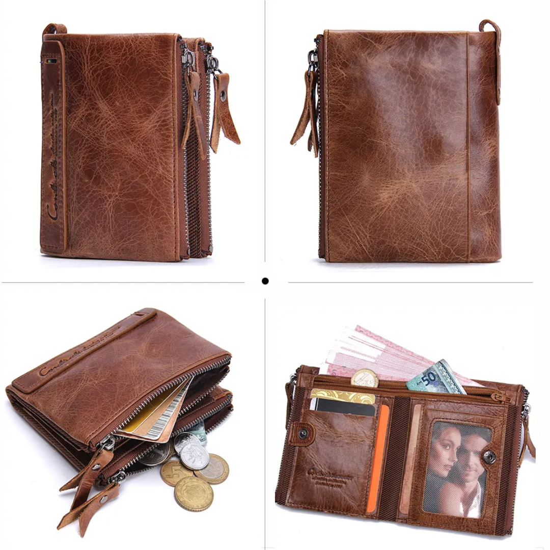 CompactWallet - Double Zip Leather Wallet with Card Slots