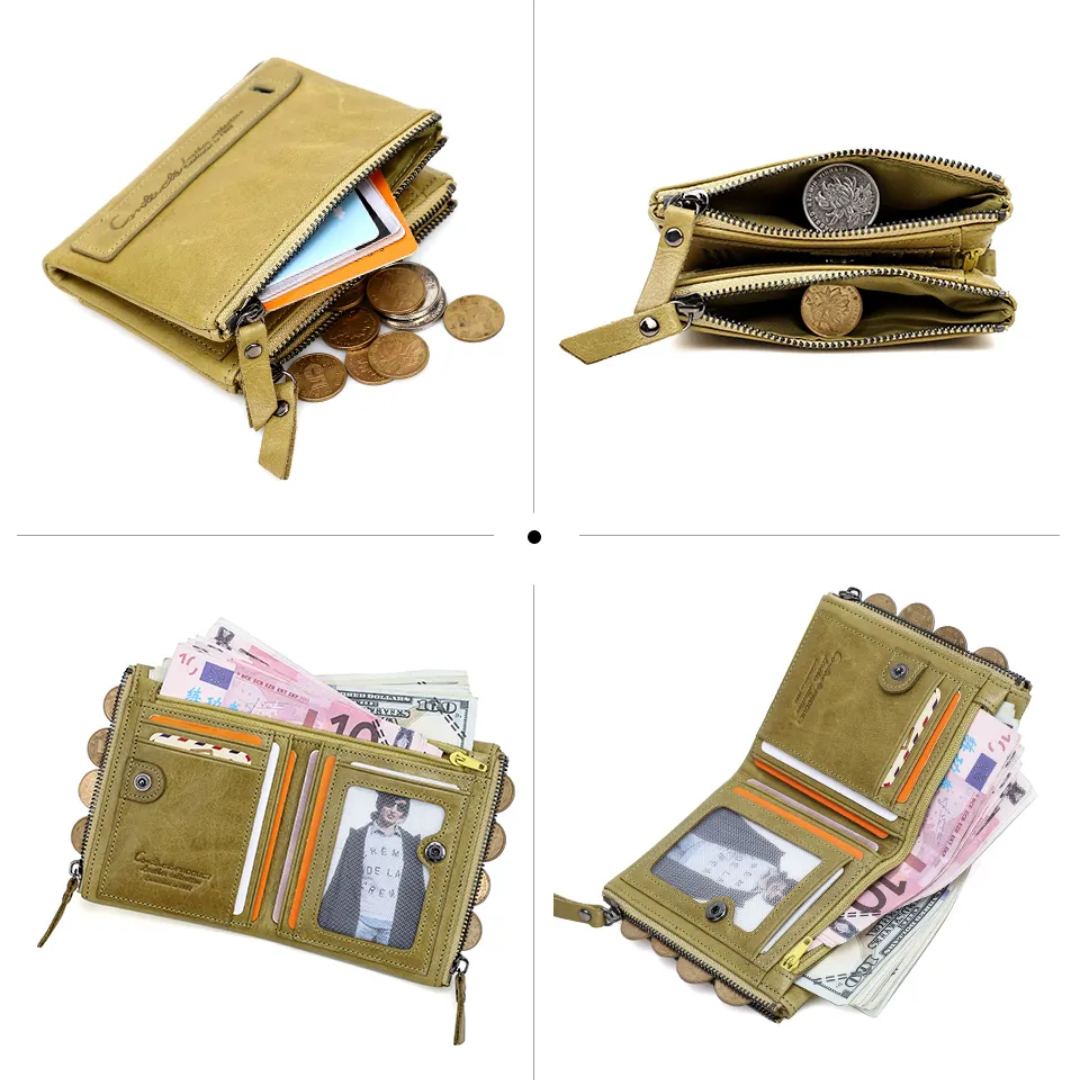 CompactWallet - Double Zip Leather Wallet with Card Slots