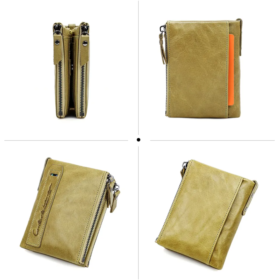 CompactWallet - Double Zip Leather Wallet with Card Slots