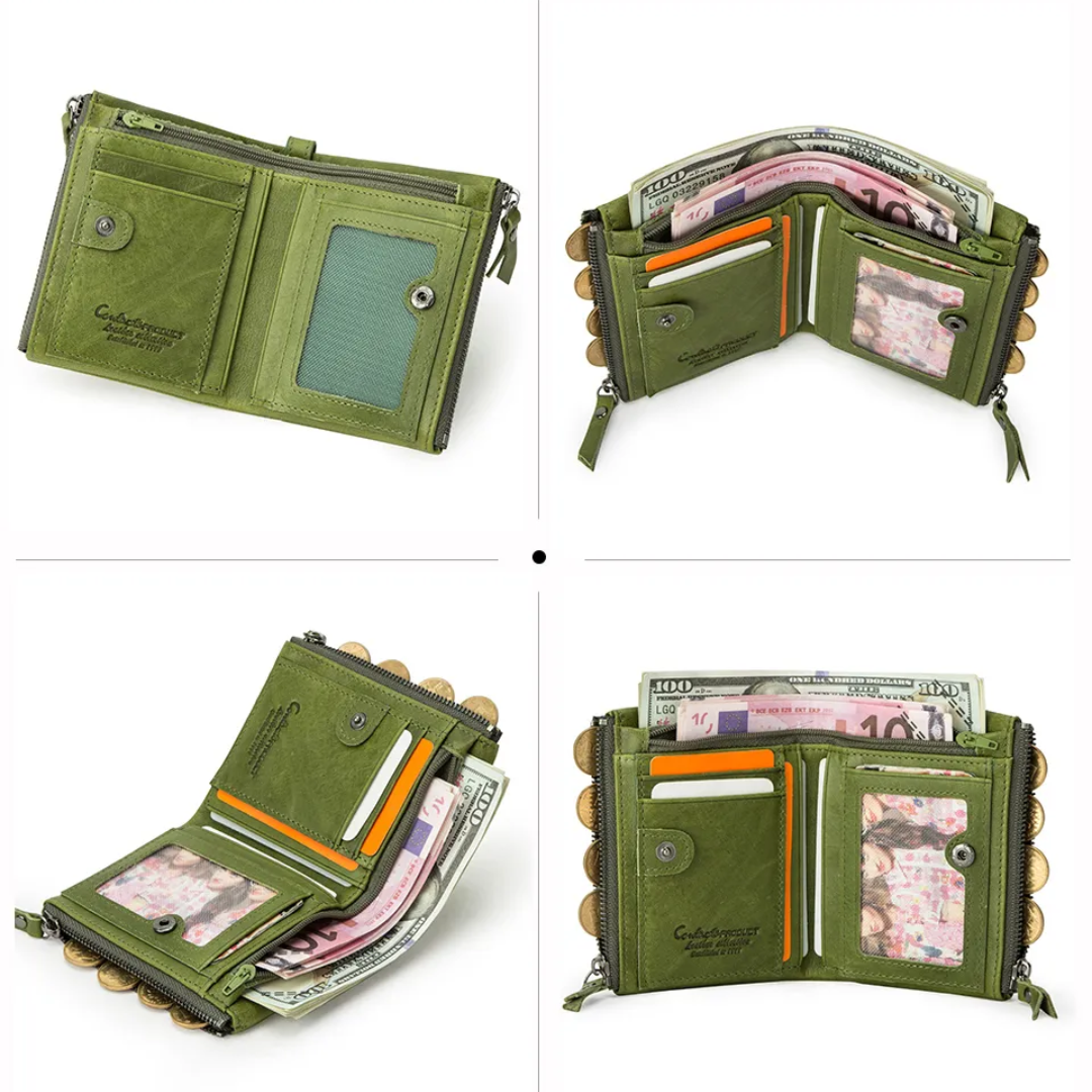 CompactWallet - Double Zip Leather Wallet with Card Slots