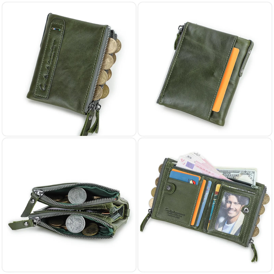CompactWallet - Double Zip Leather Wallet with Card Slots