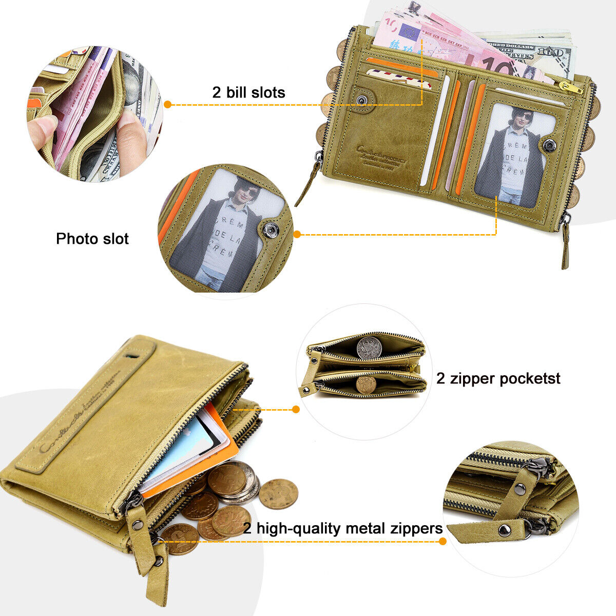 CompactWallet - Double Zip Leather Wallet with Card Slots