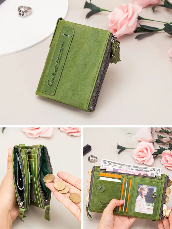 CompactWallet - Double Zip Leather Wallet with Card Slots