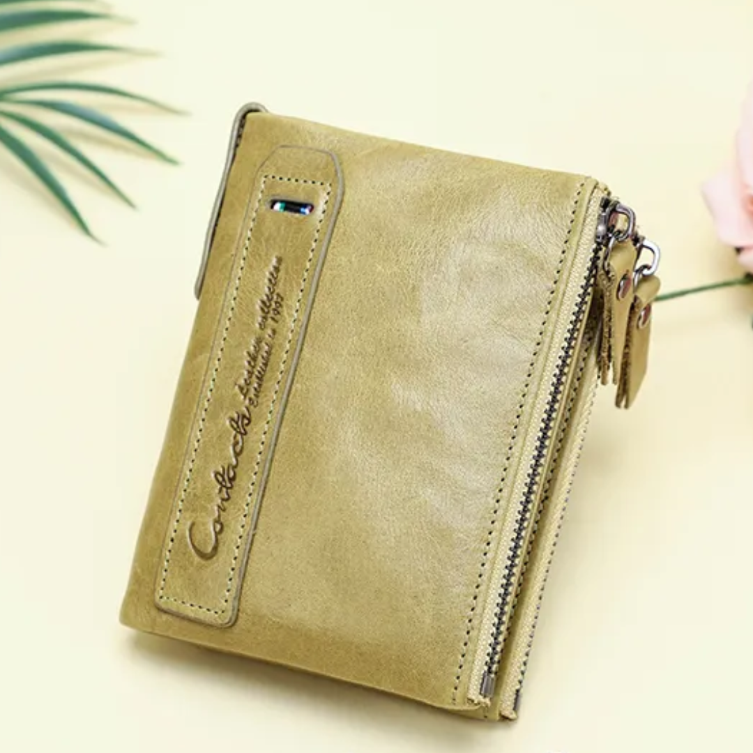 CompactWallet - Double Zip Leather Wallet with Card Slots