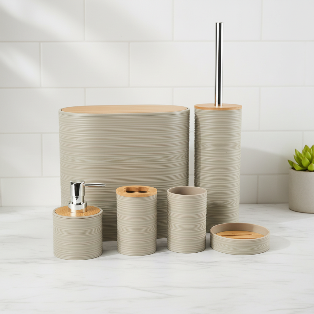 Elegant Home | Bathroom Accessory Set with Bamboo Accents | Stylish Organization for a Tranquil Space 1