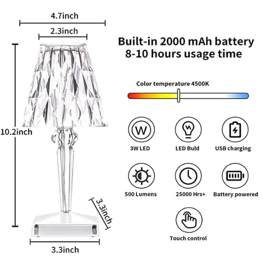 Elegant LED Table Lamp with Diamond Design | Cordless & Rechargeable for Versatile Indoor Lighting 7
