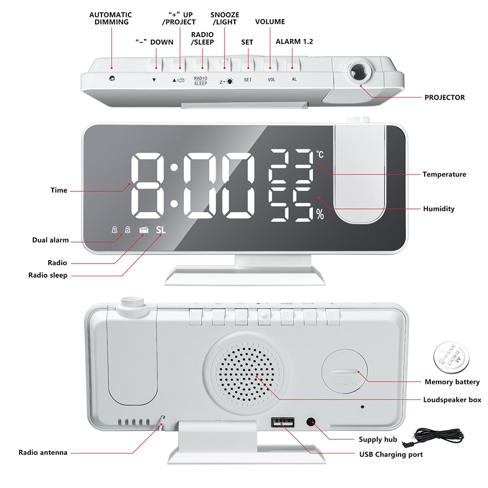 Astronatic - LED Projector Alarm Clock with USB Charging