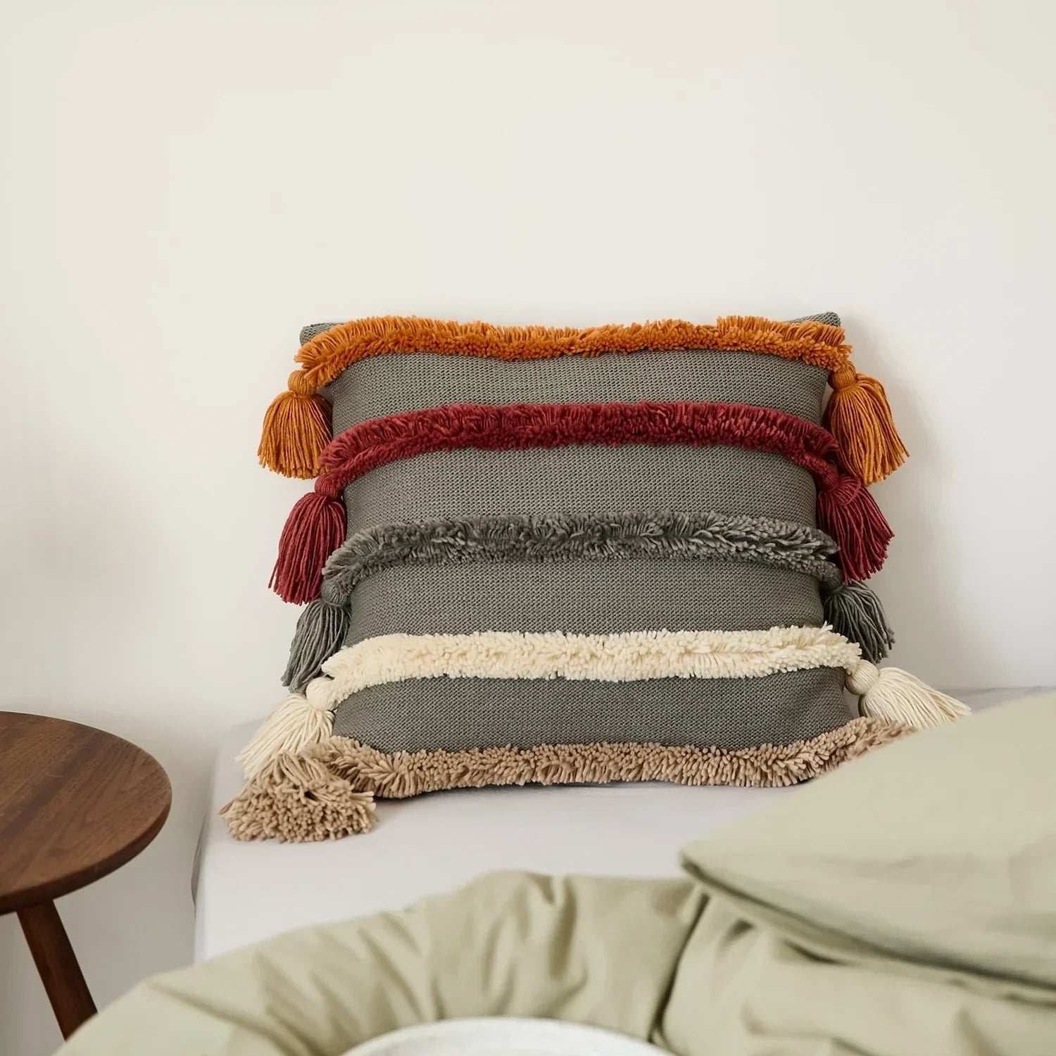 Velour Cushion Cover - Woven Stripes & Fringe