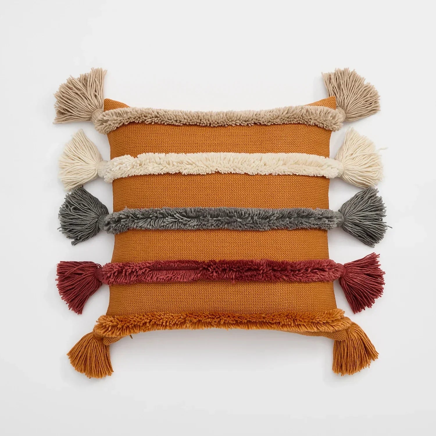 Velour Cushion Cover - Woven Stripes & Fringe