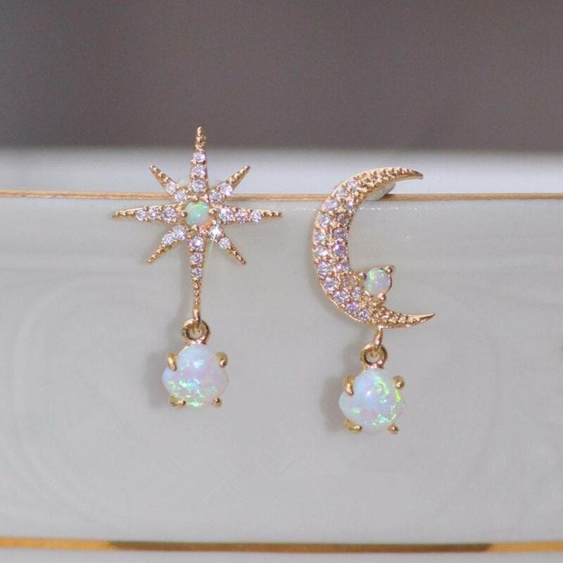 Aurora - Gold Moon & Star Opal Earrings for Women
