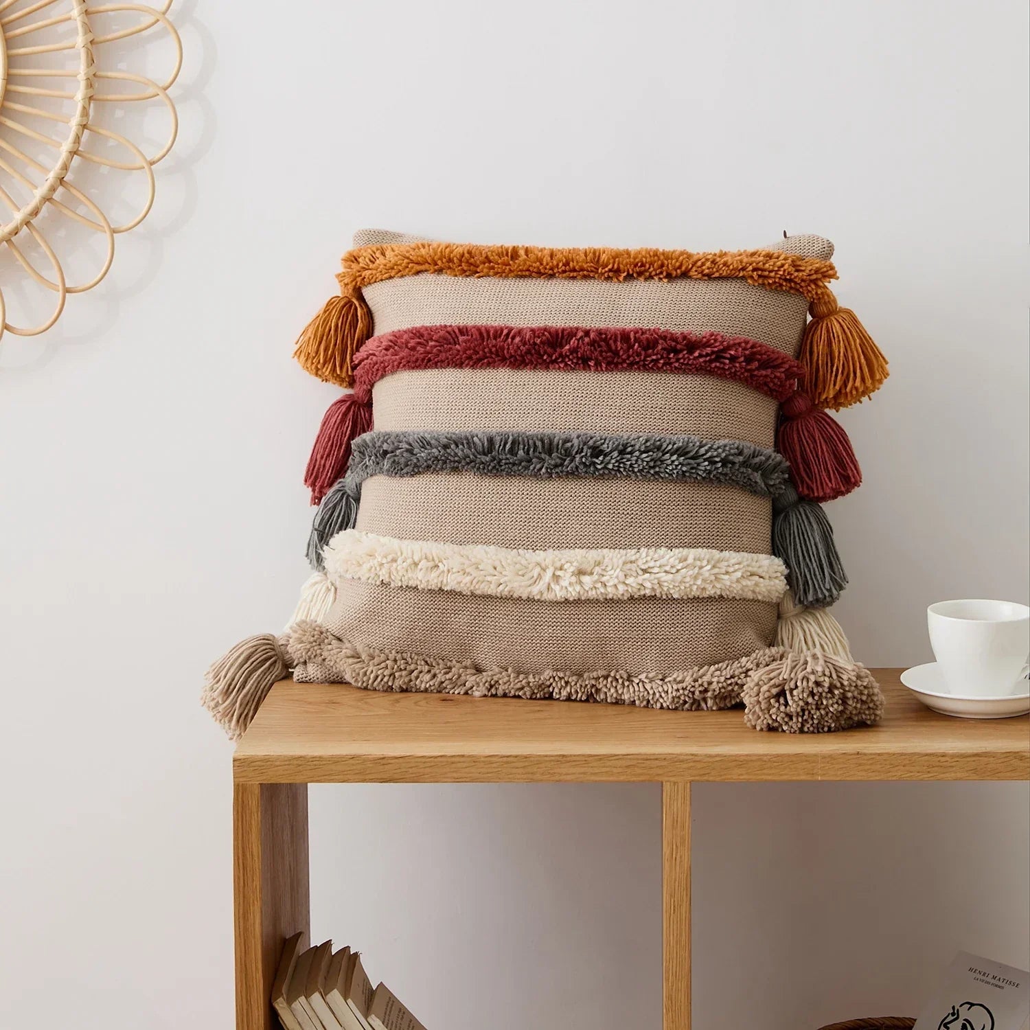 Velour Cushion Cover - Woven Stripes & Fringe