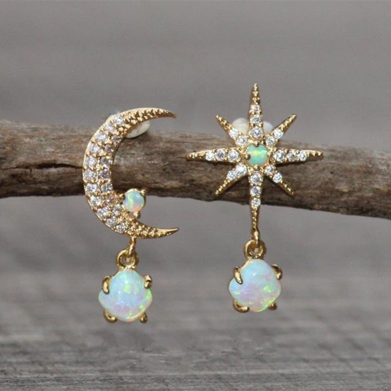 Aurora - Gold Moon & Star Opal Earrings for Women