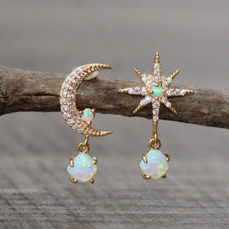 Aurora - Gold Moon & Star Opal Earrings for Women