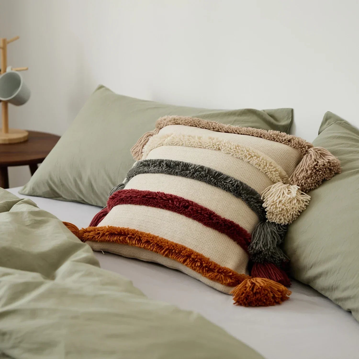 Velour Cushion Cover - Woven Stripes & Fringe