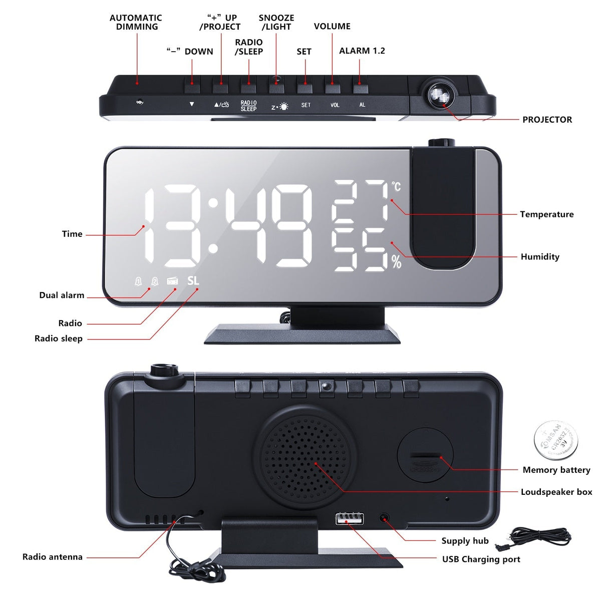 Astronatic - LED Projector Alarm Clock with USB Charging