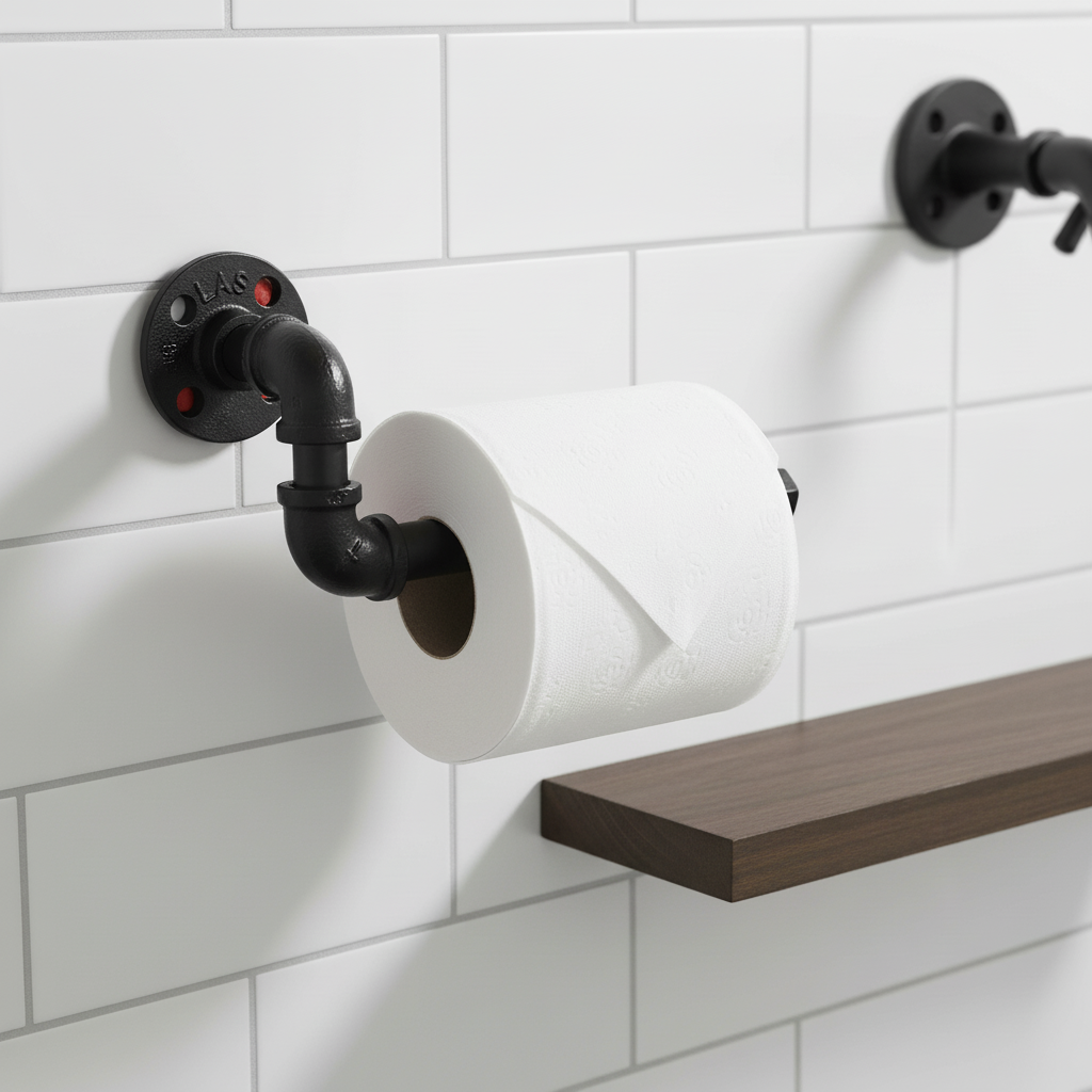 Industrial Pipe Style Toilet Paper Holder with Solid Cast Iron | Space-Saving Design for Charming Bathrooms 0