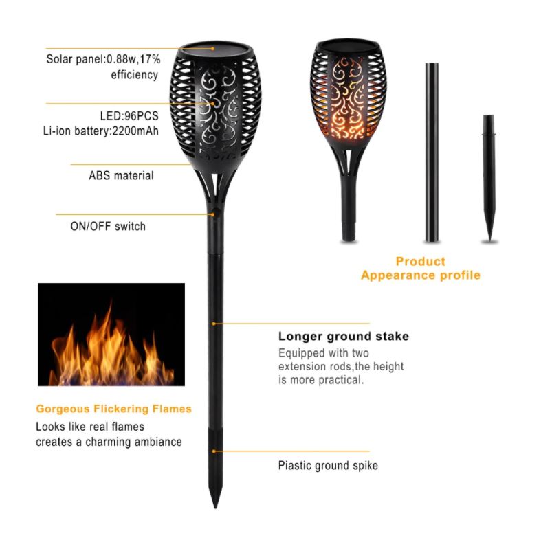 Solar Garden Torch Lights - 96 LED Flame, 4 Pack