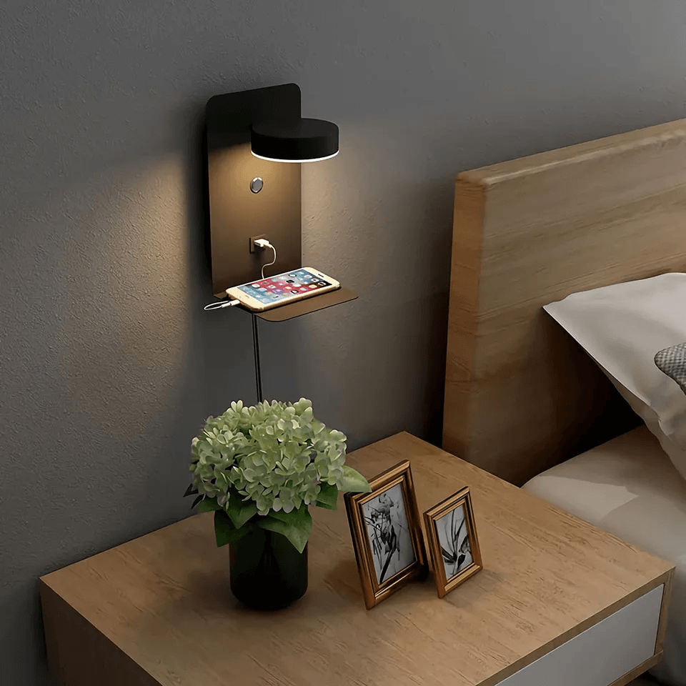 GlowUp Light Station - LED Wall Lamp with Shelf and USB Charging