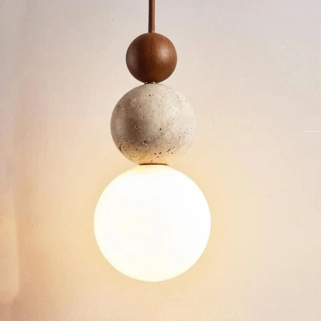 NaturaLuxe | Modern Pendant Light with Natural Travertine & Mahogany | Elegant Kitchen Pendant Lighting for Warm Ambiance 0