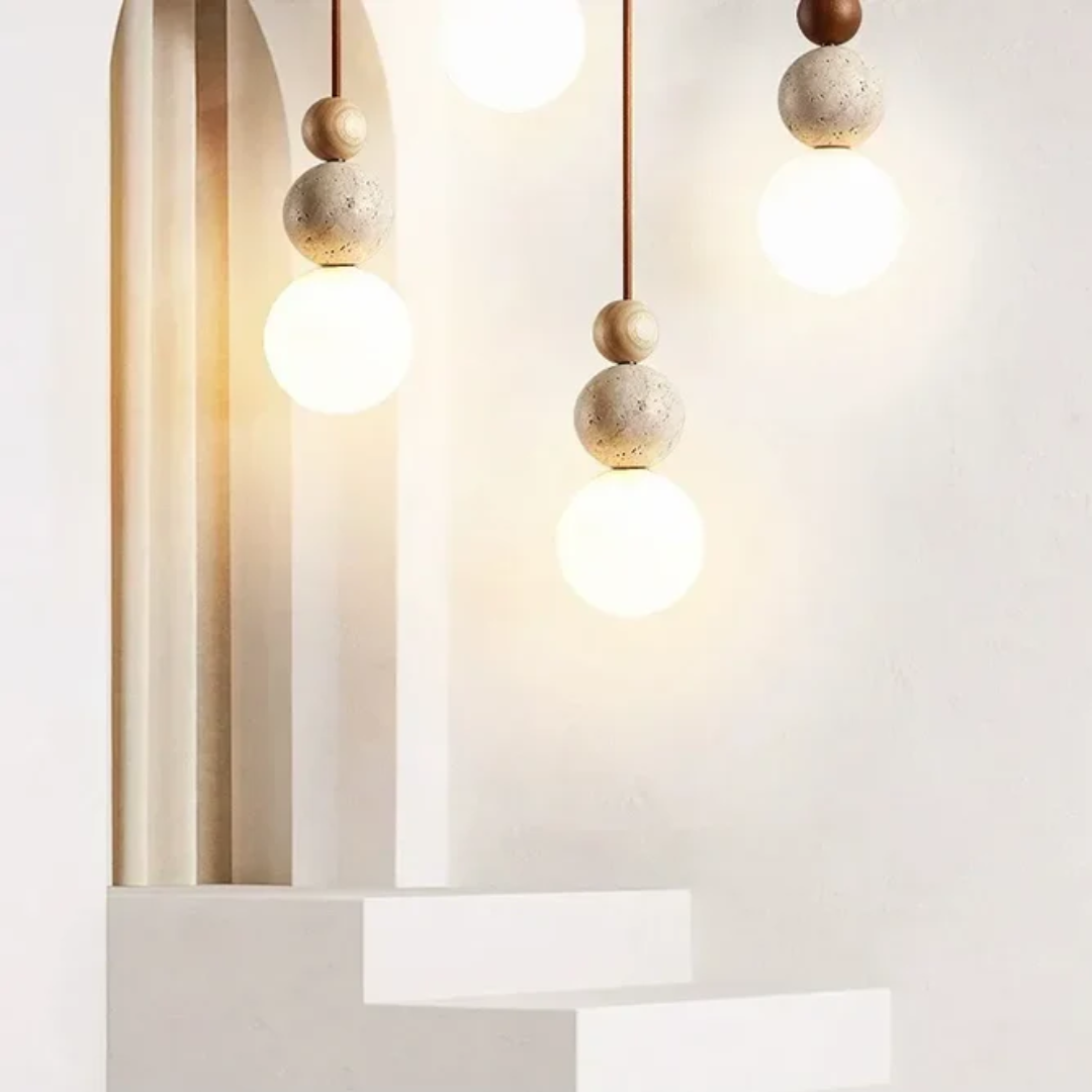 NaturaLuxe | Modern Pendant Light with Natural Travertine & Mahogany | Elegant Kitchen Pendant Lighting for Warm Ambiance 2