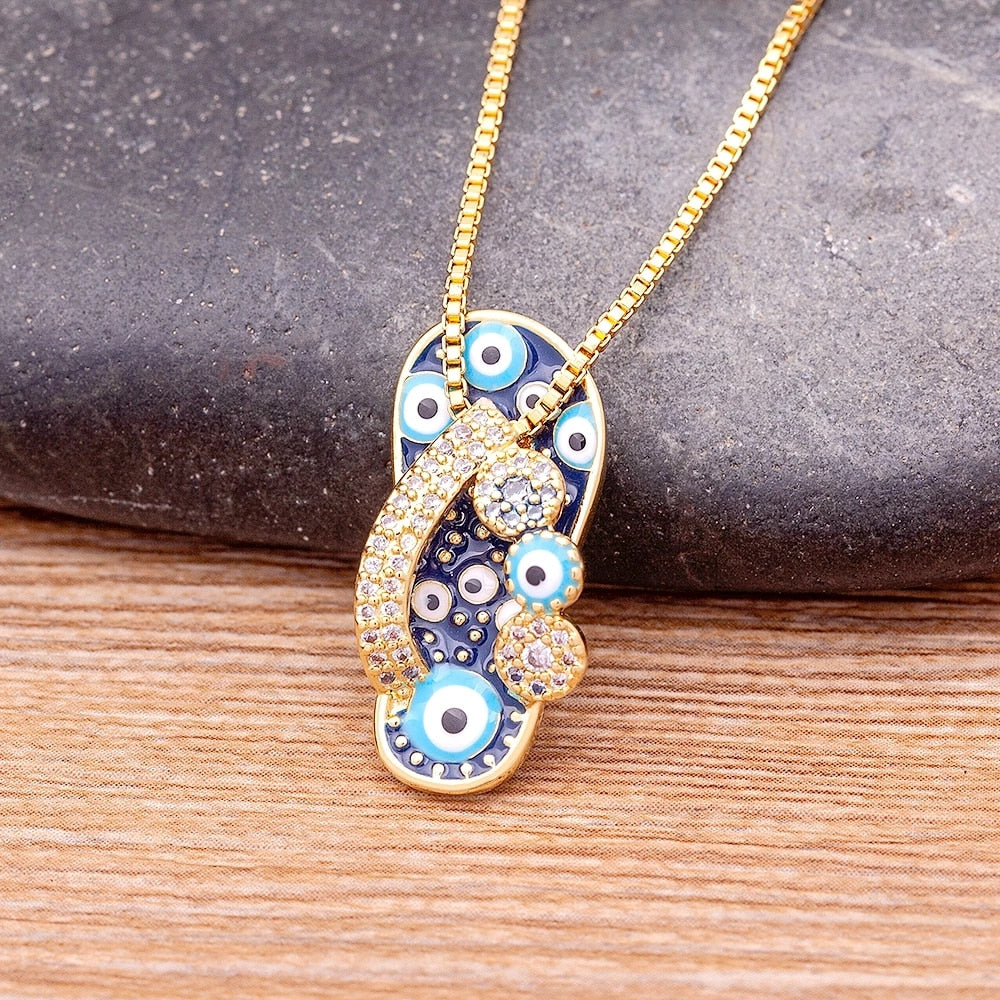 Selma Gold Necklace - Flip Flop Evil Eye Pendant