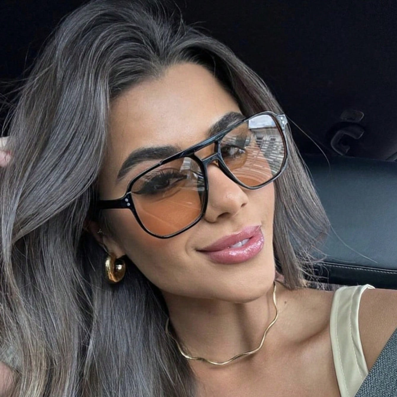 Oversized Aviator Sunglasses - Chic Black Frame with UV400 Orange Tinted Lenses 1