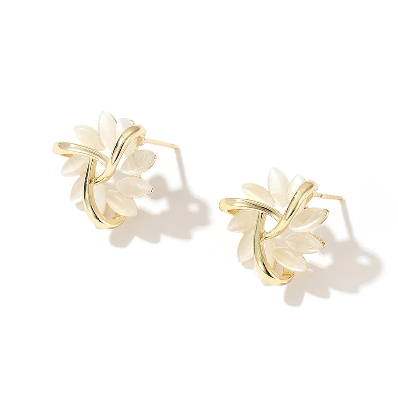 Amara - Gold Flower Stud Earrings with Round Opals for Women