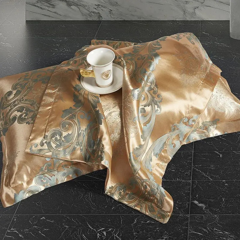 Satin Jacquard Duvet Cover - Gold & Blue Luxe