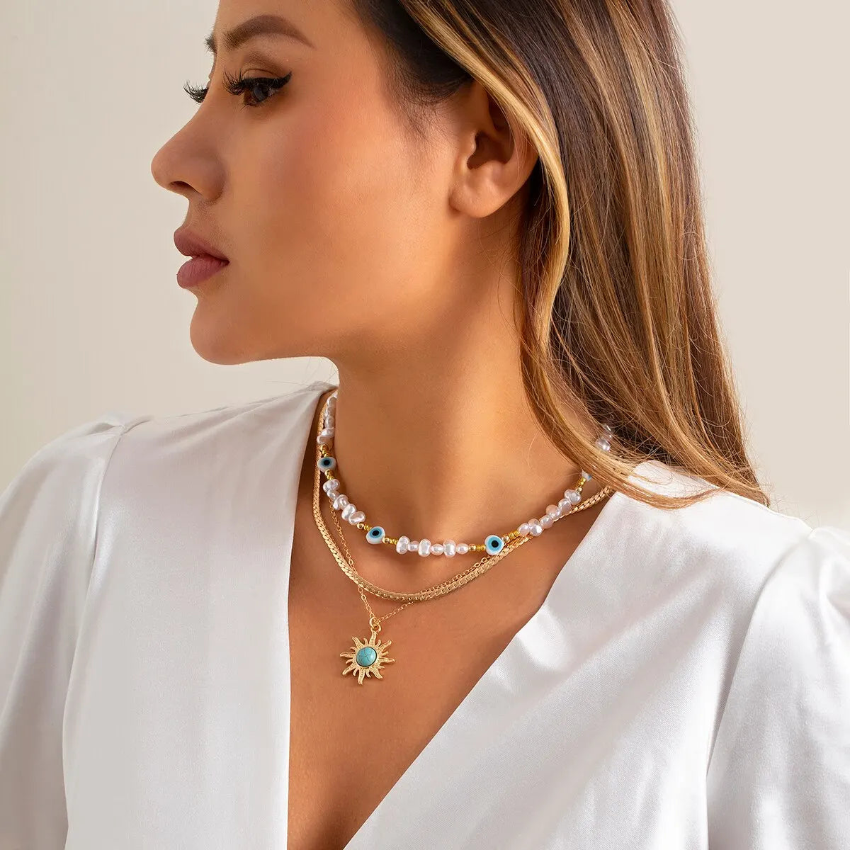 EthnoCharm Necklace Set - Sunflower and Evil Eye 3-Piece
