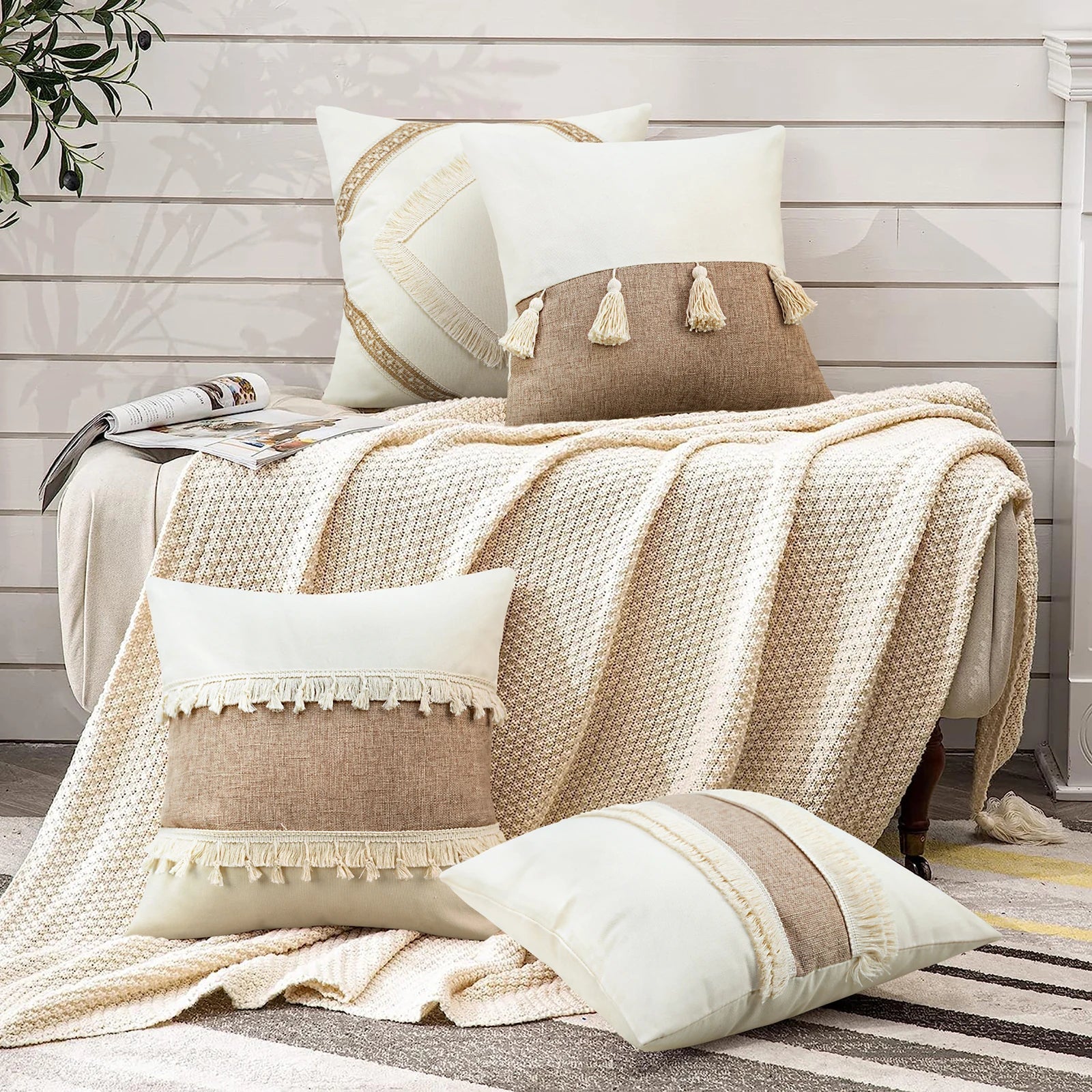 Bohemian Cushion Cover - Geometric Beige & Fringe