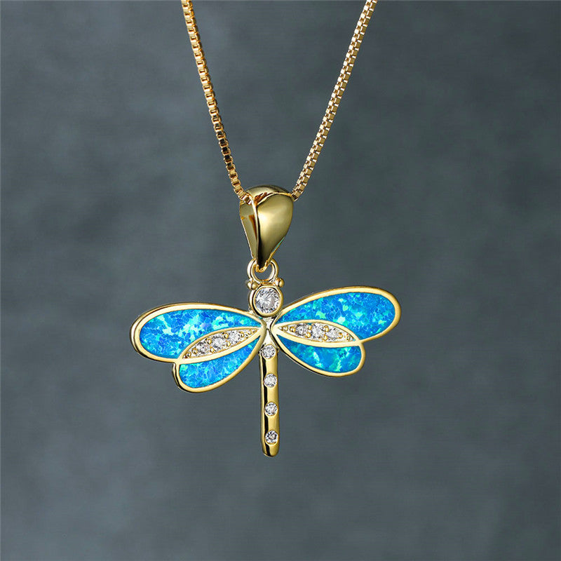 Isolde - Gold Dragonfly Necklace with Opal for Women
