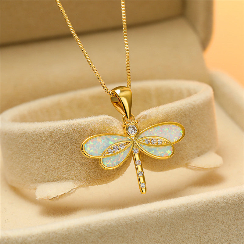 Isolde - Gold Dragonfly Necklace with Opal for Women