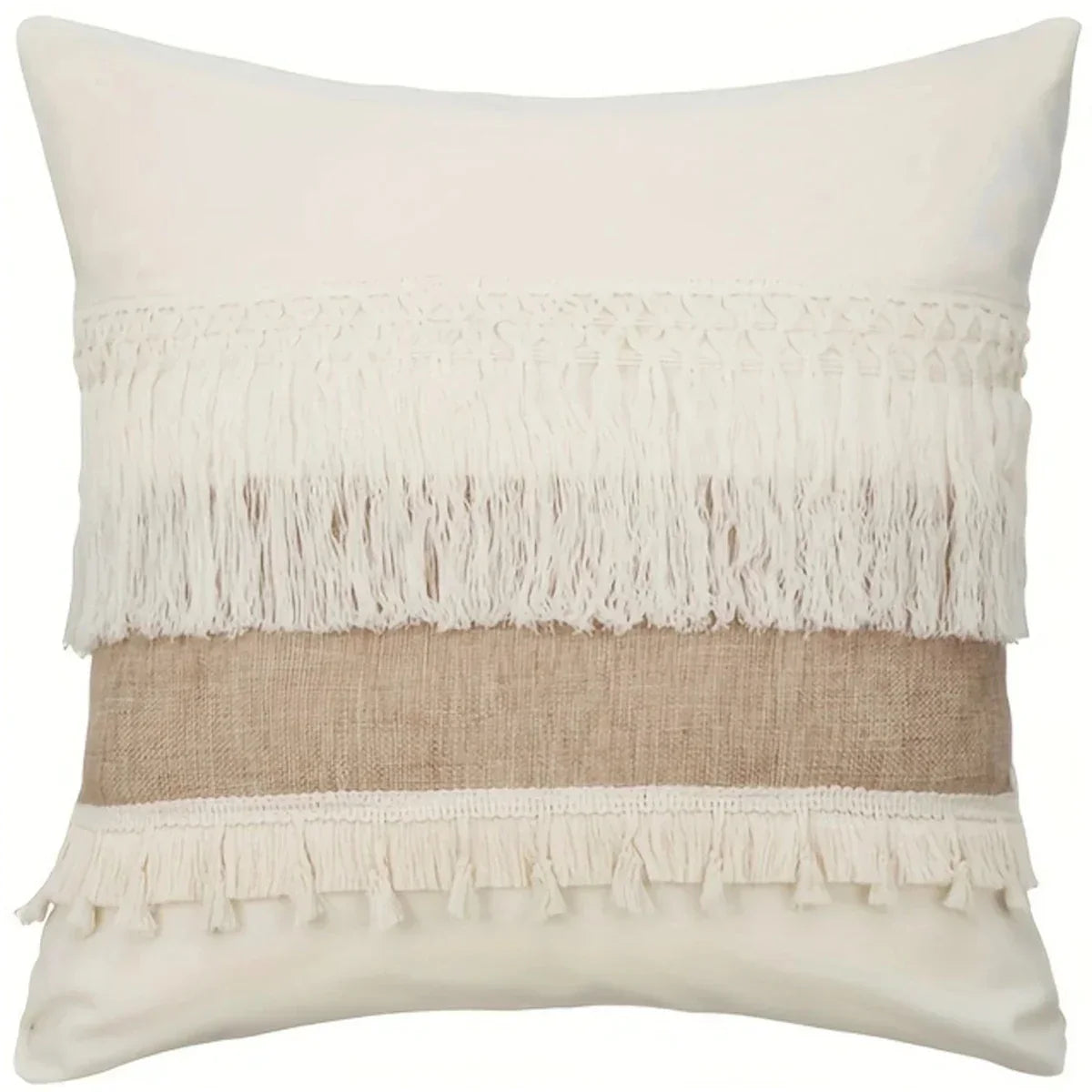 Bohemian Cushion Cover - Geometric Beige & Fringe