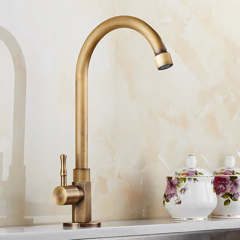 Swan-Neck Antique Brass Kitchen Faucet