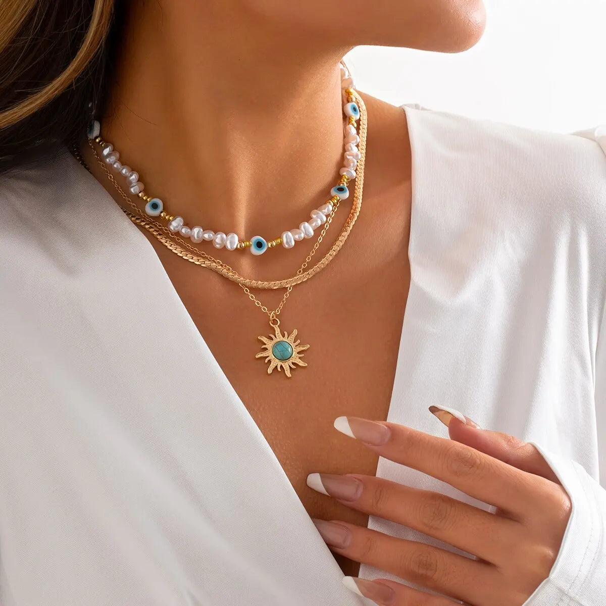 EthnoCharm Necklace Set - Sunflower and Evil Eye 3-Piece