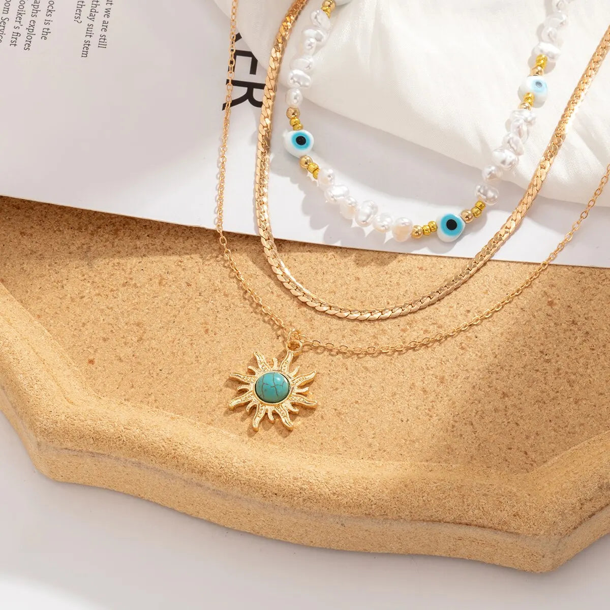 EthnoCharm Necklace Set - Sunflower and Evil Eye 3-Piece